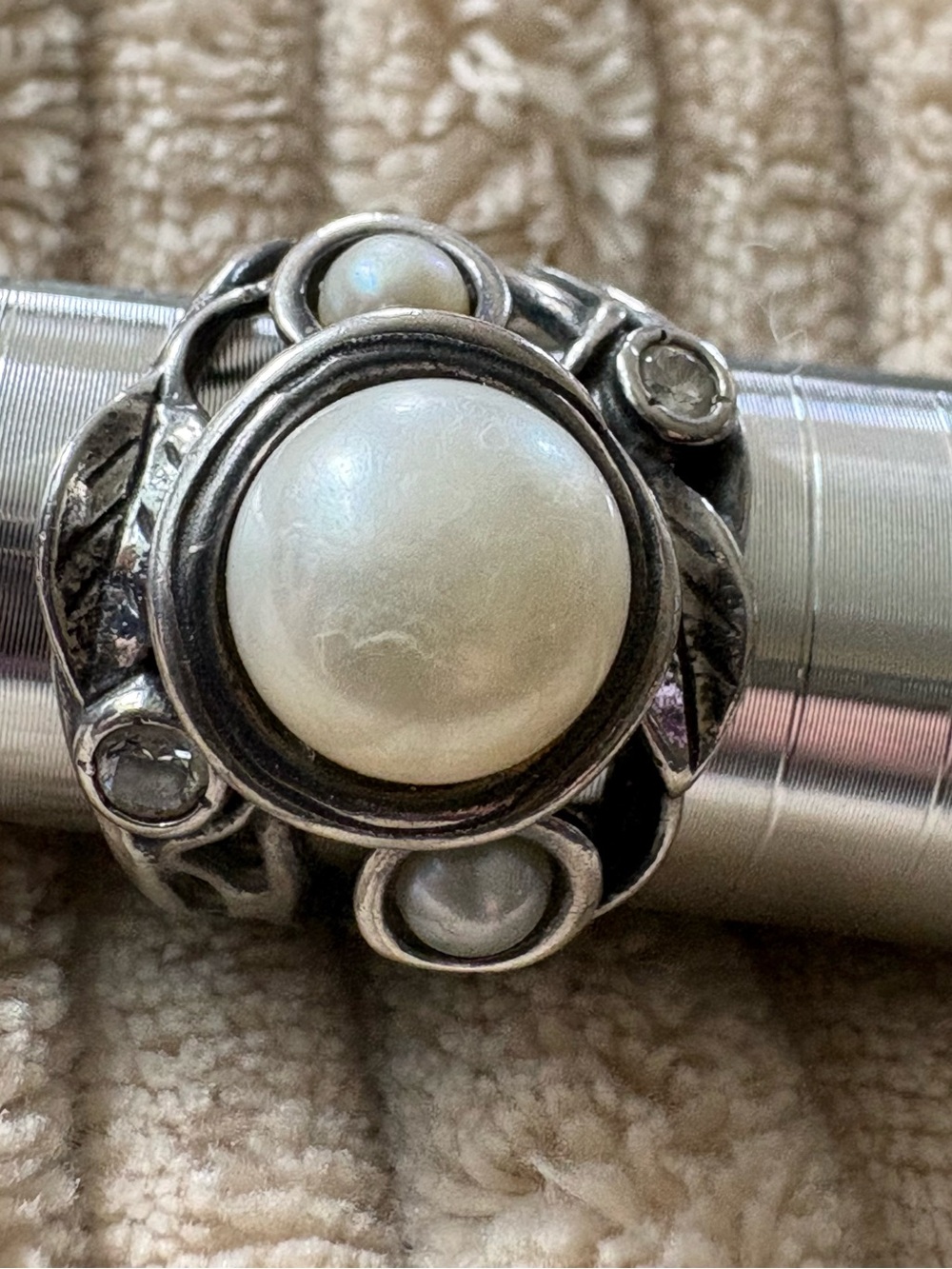 Vintage Didae sterling ring pearls & cubic zirconia Size 8.